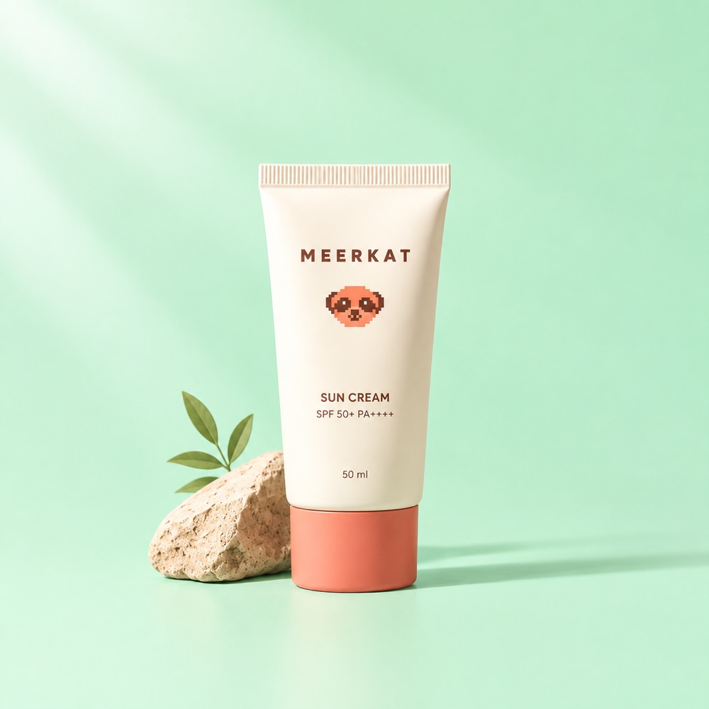 민트색 배경에서 돌과 잎 옆에 세워 둔 망보기 선크림 SPF50+ 튜브